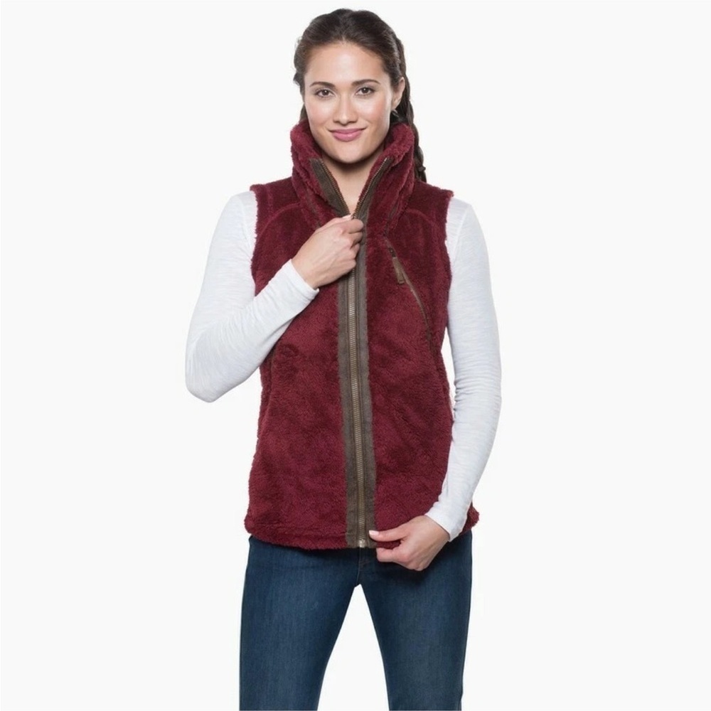 KUHL Flight PILE FLEECE Faux Fur VEST Jacket PACKABLE HOOD Zip WOMEN size MEDIUM